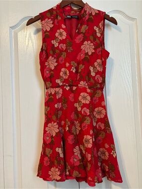 Zara Red Floral V-Neck Sleeveless Midi Dress